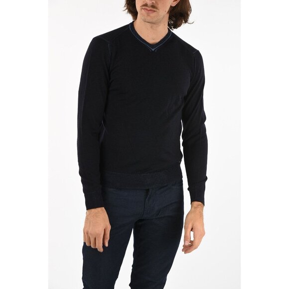 ARMANI Jeans Dark Blue V-Neck Long Sleeve Wool Blend Knit Sweater Men's 3XL - Picture 2 of 8